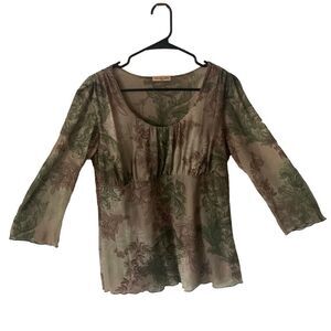 Pre Owned Womens Cha Cha Vente Blouse Green Floral Hippie Vibe Casual